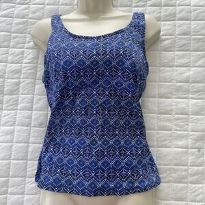 LL Bean Tankini Top Womens 8 Blue Geometric Pattern Swimwear Beach Top Only